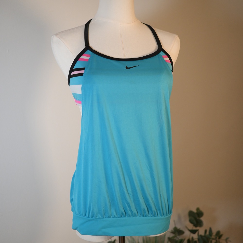 Nike Womens Blue Blouson Tank Top Built-in Striped Bra Racerback Medium